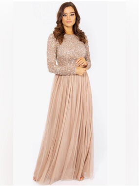 NWT- Long Sleeve Sequin Bodice Tulle Maxi Dress in Blush
